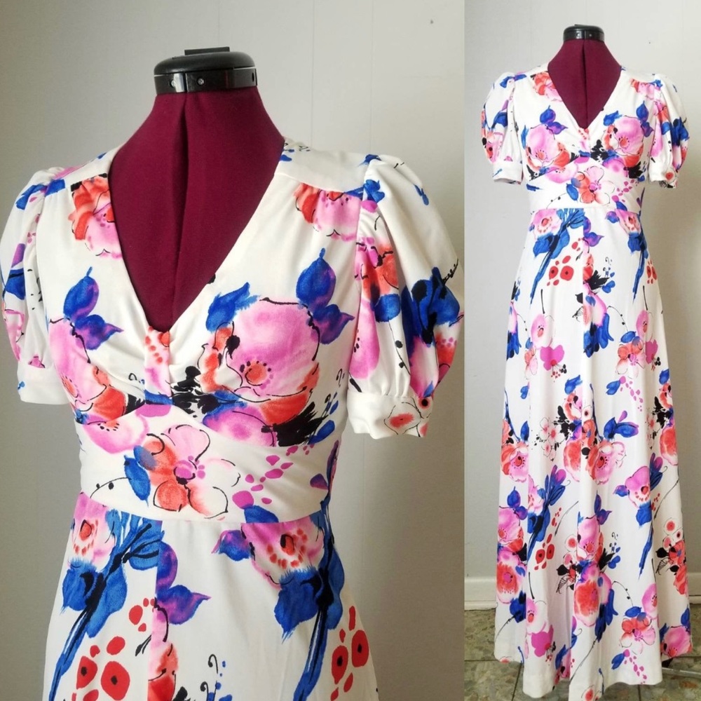 60s White Floral Maxi Dress - watercolor print - Puff Sleeves